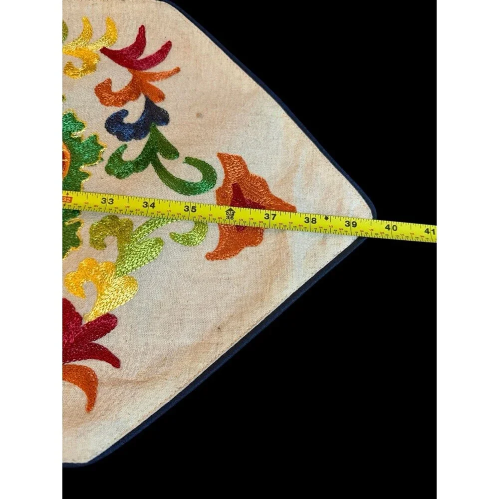 Pier 1 40x13” Primary Color Embroidered Table Runner Floral Design Cotton Linen